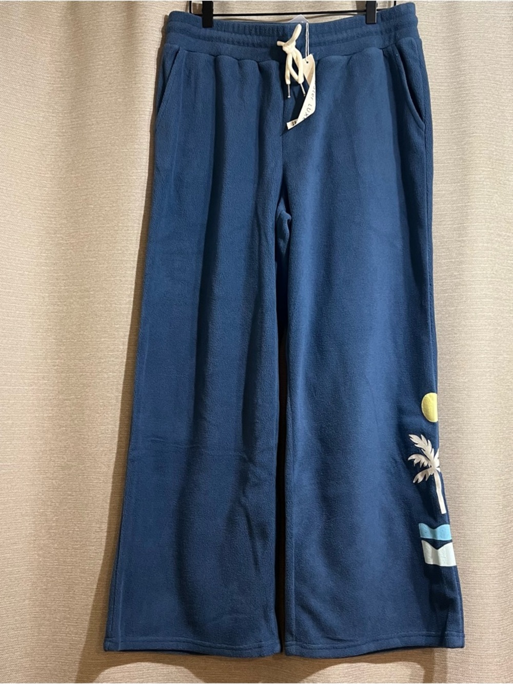 Saltwater Luxe "Blue Fog" Fleece‎ Wide Leg Pants XL Tropical Palm Tree NWT